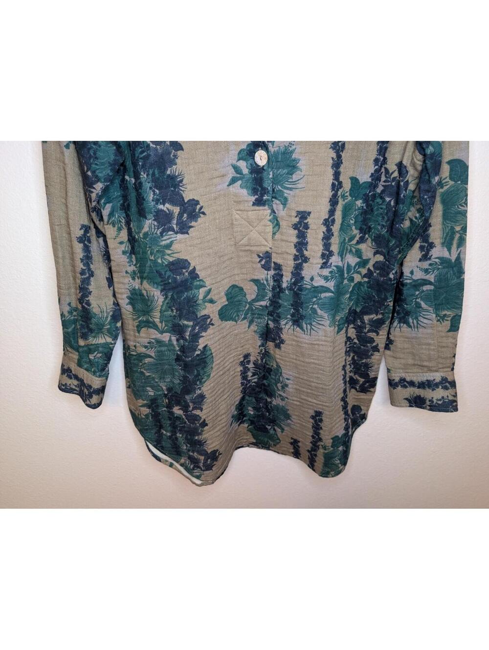 Soft Surroundings Floral Green Cotton Long Sleeve V-Neck Collar Blouse Top Sz S - Picture 3 of 9